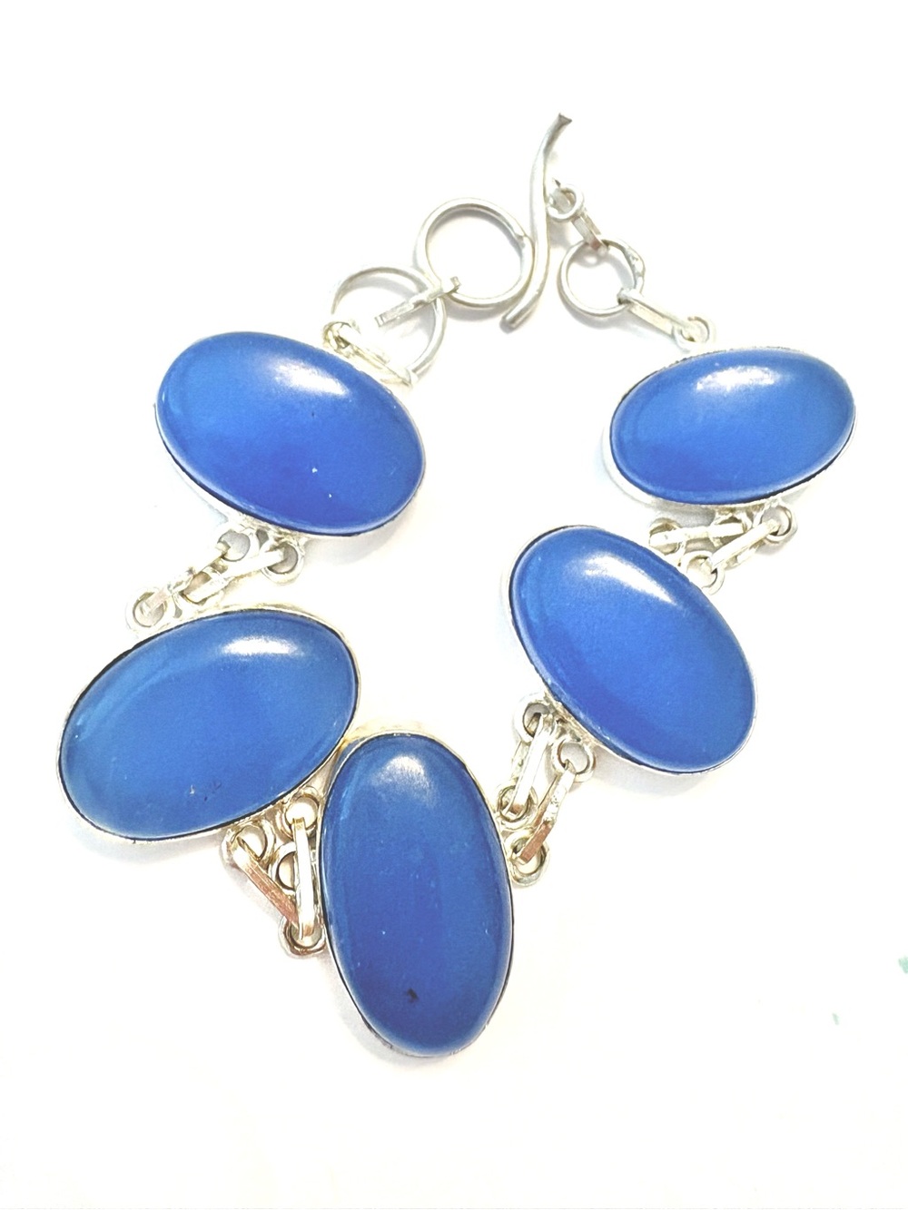 Beautiful, 5 stone, 925 marked, Blue Chalcedony toggle bracelet , size 8-9